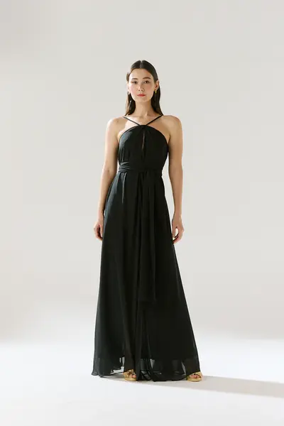 Vestido Festa Alças Gota Decote Chiffon