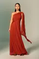 Vestido Festa Um Ombro Chiffon Plissado Detalhe Torcido