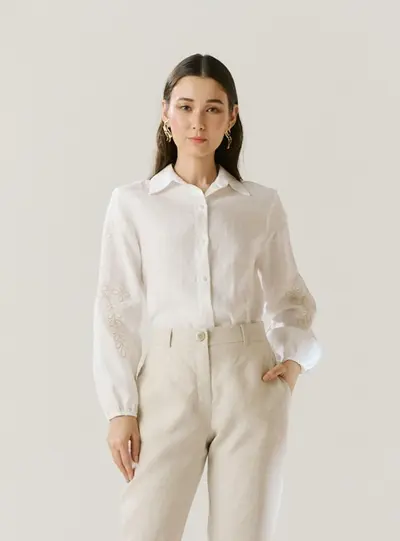 Camisa Linho Mangas Longas Com Bordado