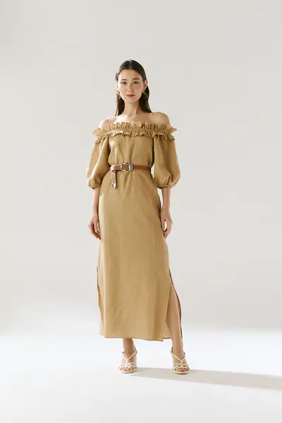 Vestido Linho Ombro a Ombro Franzido Decote