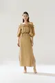 Vestido Linho Ombro a Ombro Franzido Decote