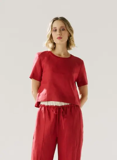 Blusa Linho Detalhe Tricot Manga Curta