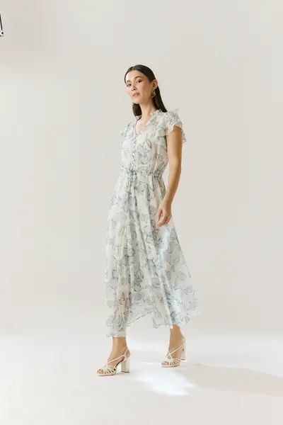 Vestido Chiffon Floral Babados e Franzidos