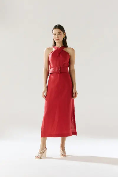 Vestido Linho Decote Cruzado