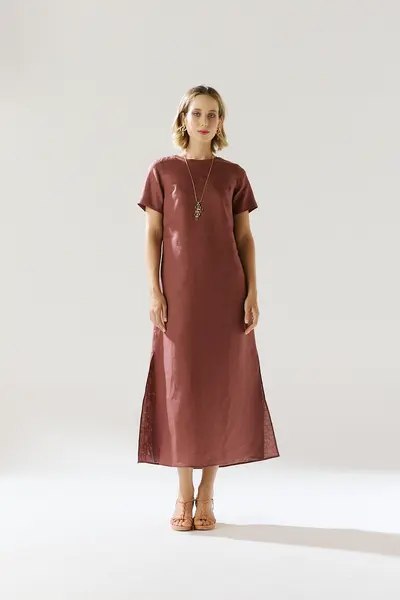 Vestido Linho Detalhe Tricot Manga Curta