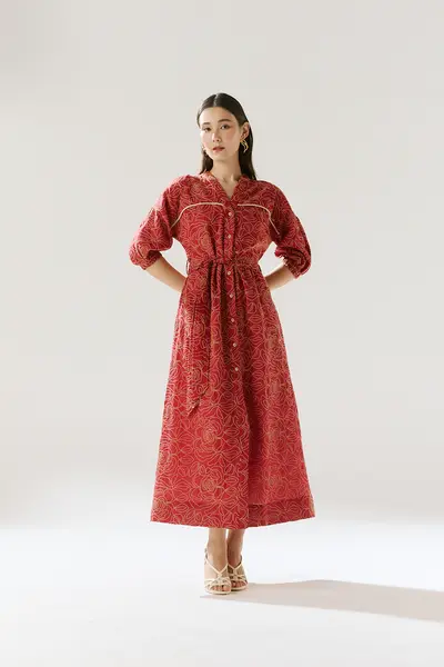 Vestido Algodão Bordado Mangas Longas