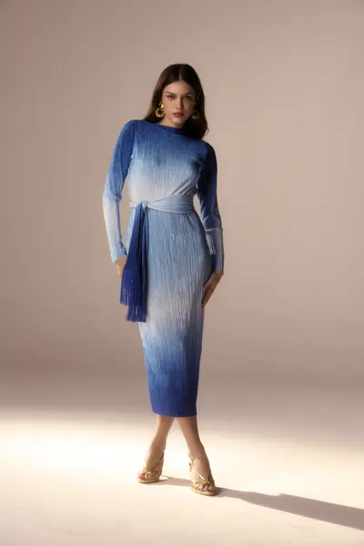 Vestido Devorê Mangas Longas Malha Plissada