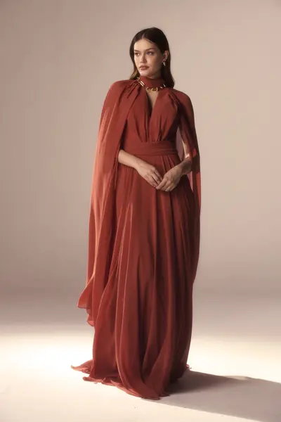 Vestido Festa Decote V Capa Com Gola Chiffon