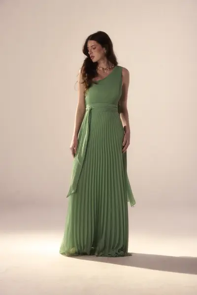 Vestido Festa Um Ombro Chiffon Plissado