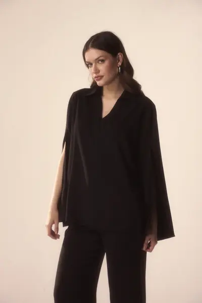 Blusa Mangas Longas Fendas Crepe