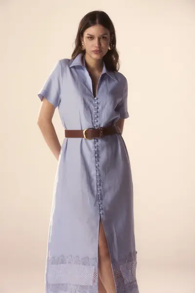 Vestido Mangas Curtas Linho Com Renda