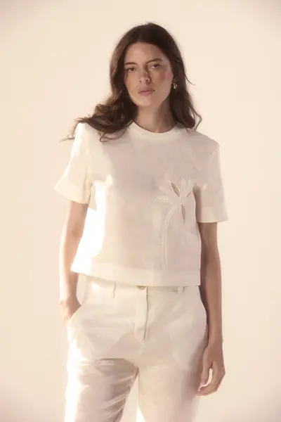 Blusa Linho Bordado Coqueiro Detalhe Tricot