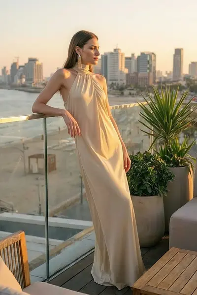 Vestido Frente Única Gola Amarração Cetim