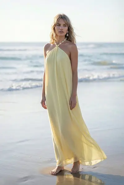 Vestido Alças Com Bordado Amarração Costas
