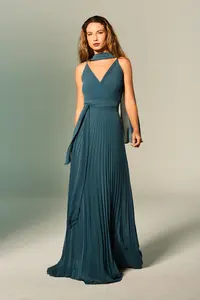Vestido Festa Alças Chiffon Plissado e Lenço