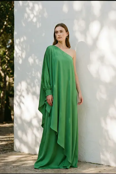 Vestido Festa Um Ombro Só Manga Longa Cetim