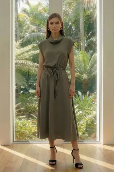 Vestido Gola Amarração Cintura