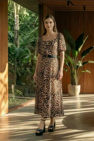 Vestido Animal Print Decote Quadrado