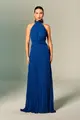 Vestido Festa Gola Alta Amarração Chiffon Plissado