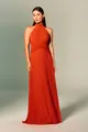 Vestido Festa Gola Alta Amarração Chiffon Plissado