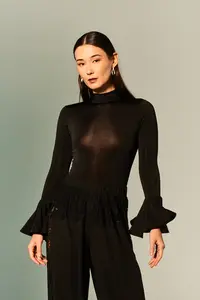 Body Gola Alta Mangas Longas Babados Jersey