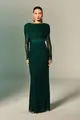 Vestido Mangas Drapeados e Sobreposição Tule