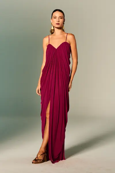 Vestido Festa Drapeados Alças Finas Tule