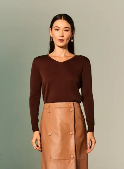 Blusa Tricot Decote V Manga Longa
