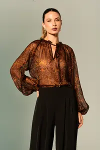 Blusa Manga Longa Chiffon Amarração Decote