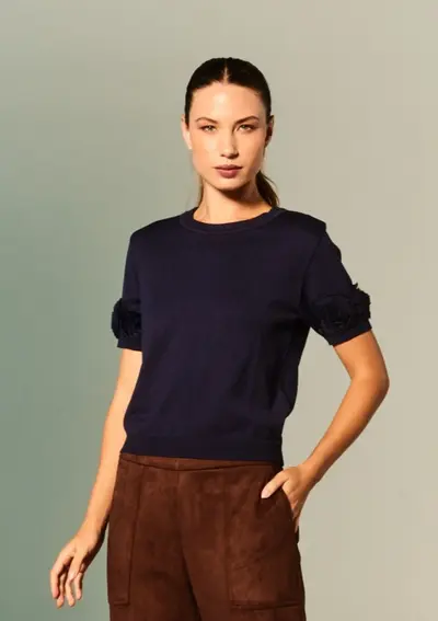 Blusa Tricot Manga Curta Flores