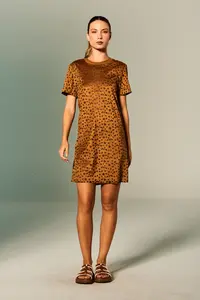 Vestido Suede Animal Print Gola Tricot