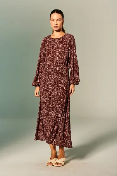 Vestido Manga Longa Acinturado Poá